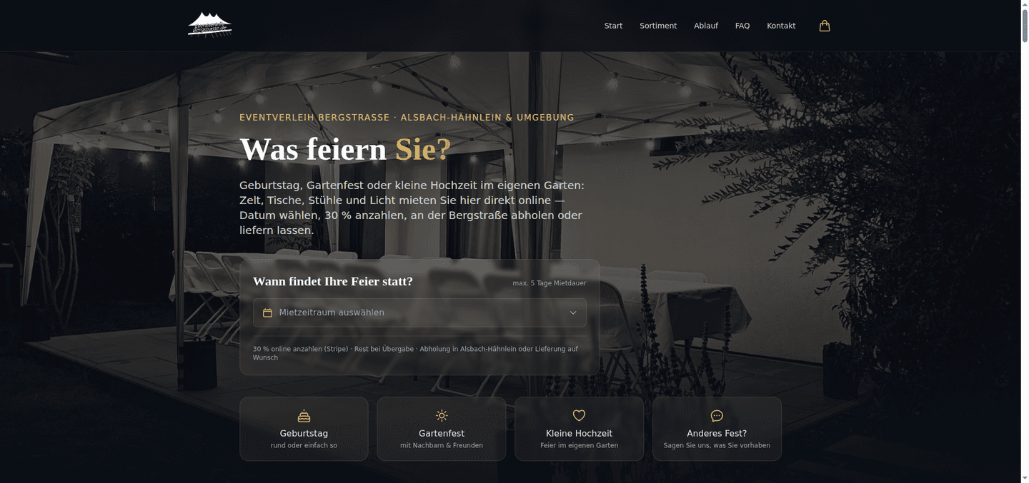 Website eventverleih-bergstrasse.de für Eventausstattung, Region Bergstraße