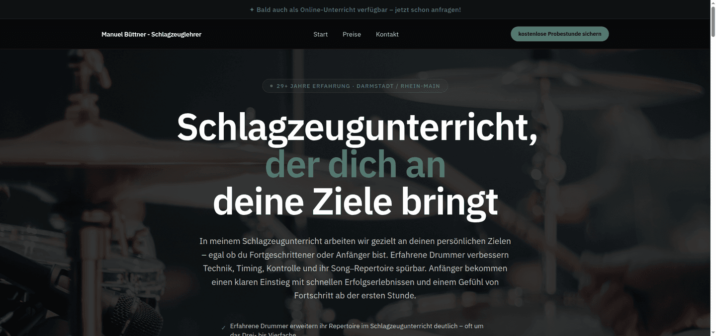 Website manuelbuettner.de für Schlagzeugunterricht, Darmstadt und Rhein-Main
